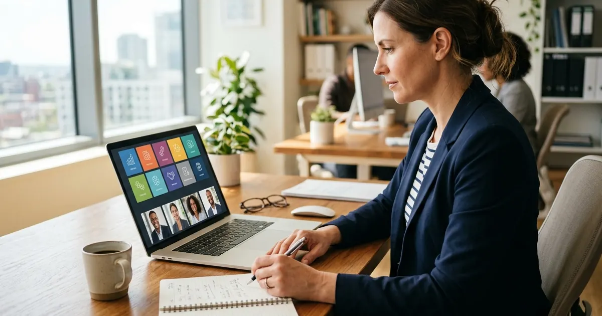 Marketing manager working on content on a laptop at a shared office desk