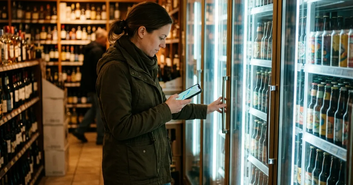 Shopper searching on her phone beside the beer fridges in a liquor store