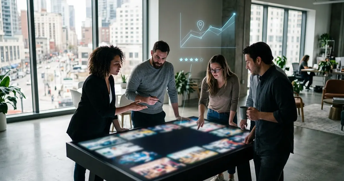 NSP Global Services team planning an SEO and digital marketing strategy around a touchscreen table