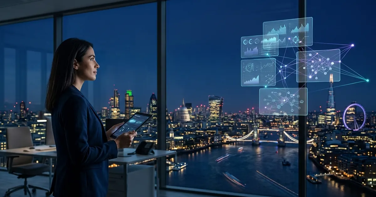 Woman holding a tablet beside floating digital panels overlooking a city skyline at night