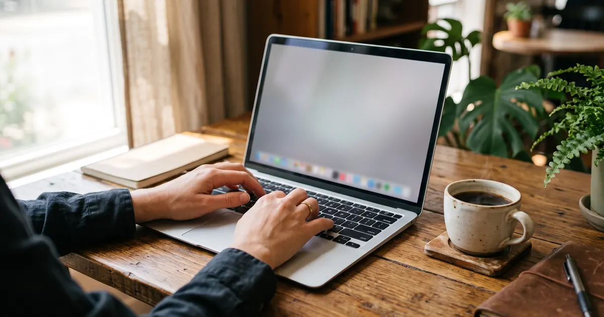 Solo business owner typing on a laptop at a home desk with a cup of coffee