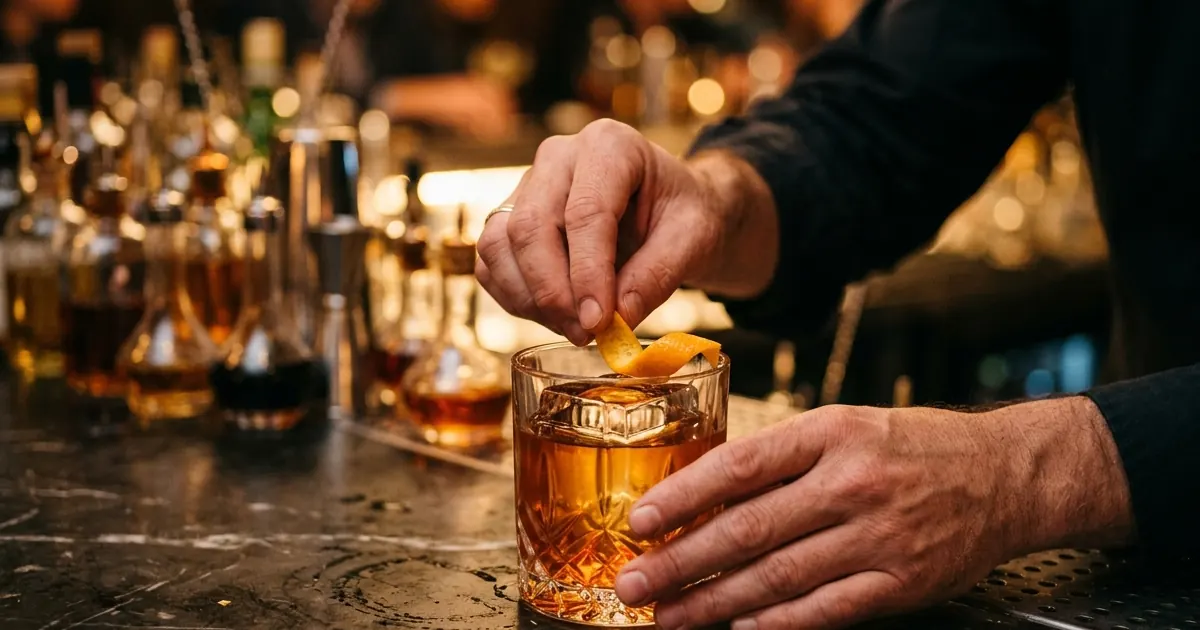 Bartender adding an orange-peel garnish to a whisky cocktail