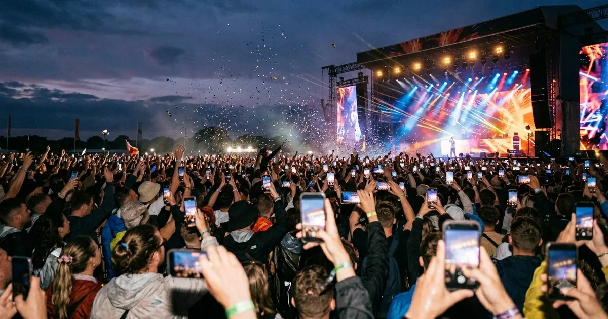Concert crowd filming a performer on their phones at an outdoor festival stage