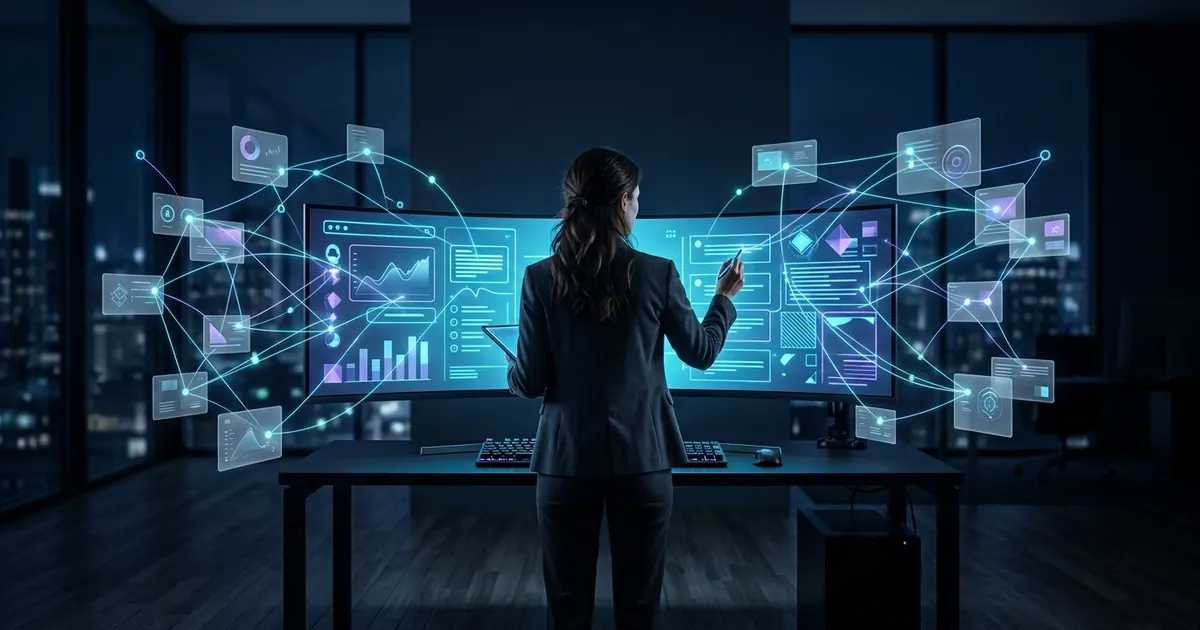Woman directing several floating screens of marketing data in a dark room