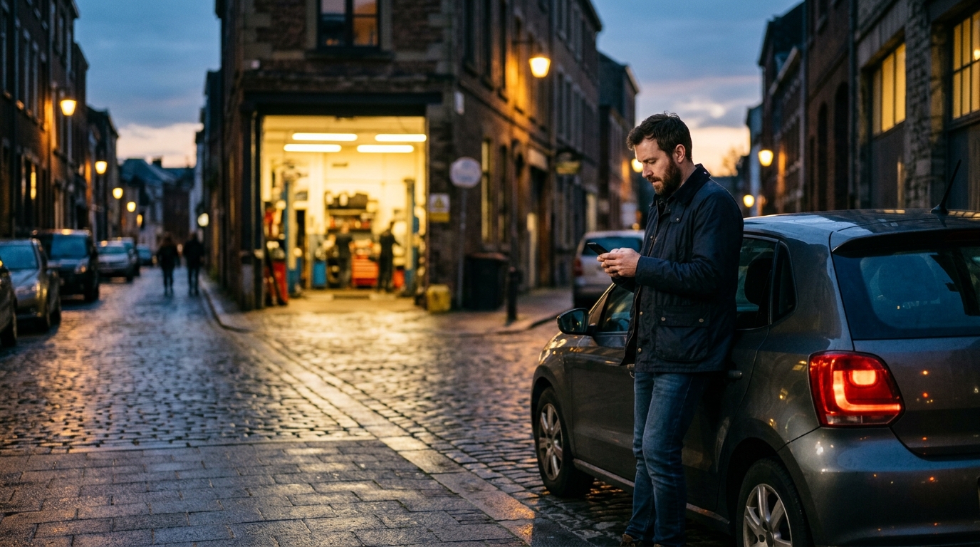 Driver searching for a garage on his phone beside his car