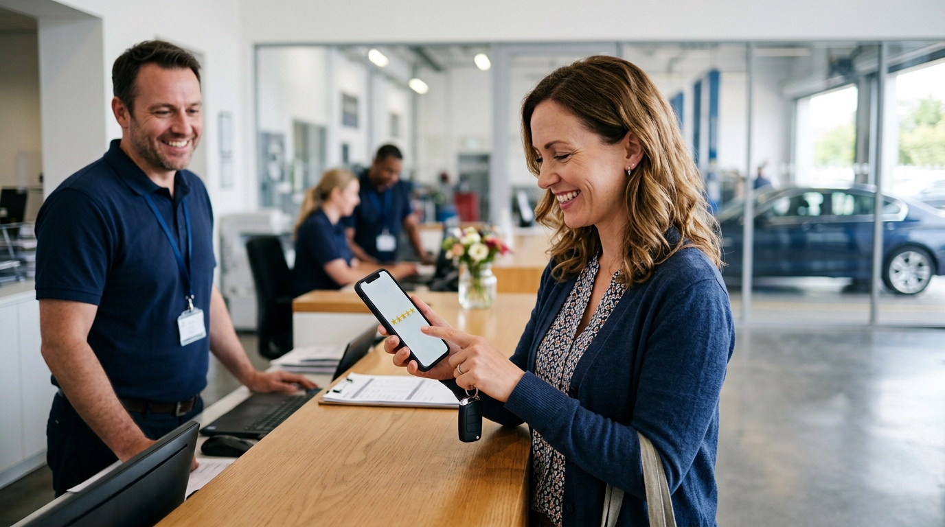 Customer leaving a review on her phone at a service reception