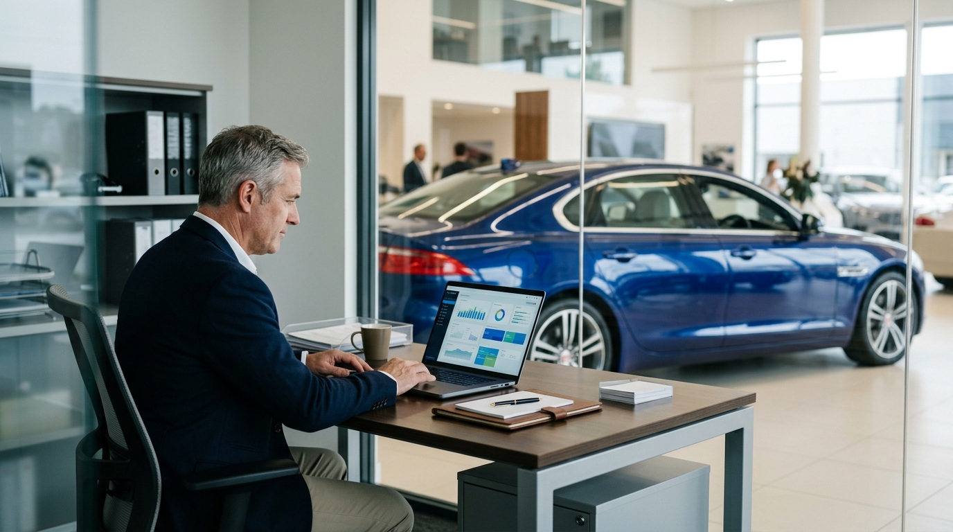 Dealership manager reviewing search performance on a laptop in the showroom