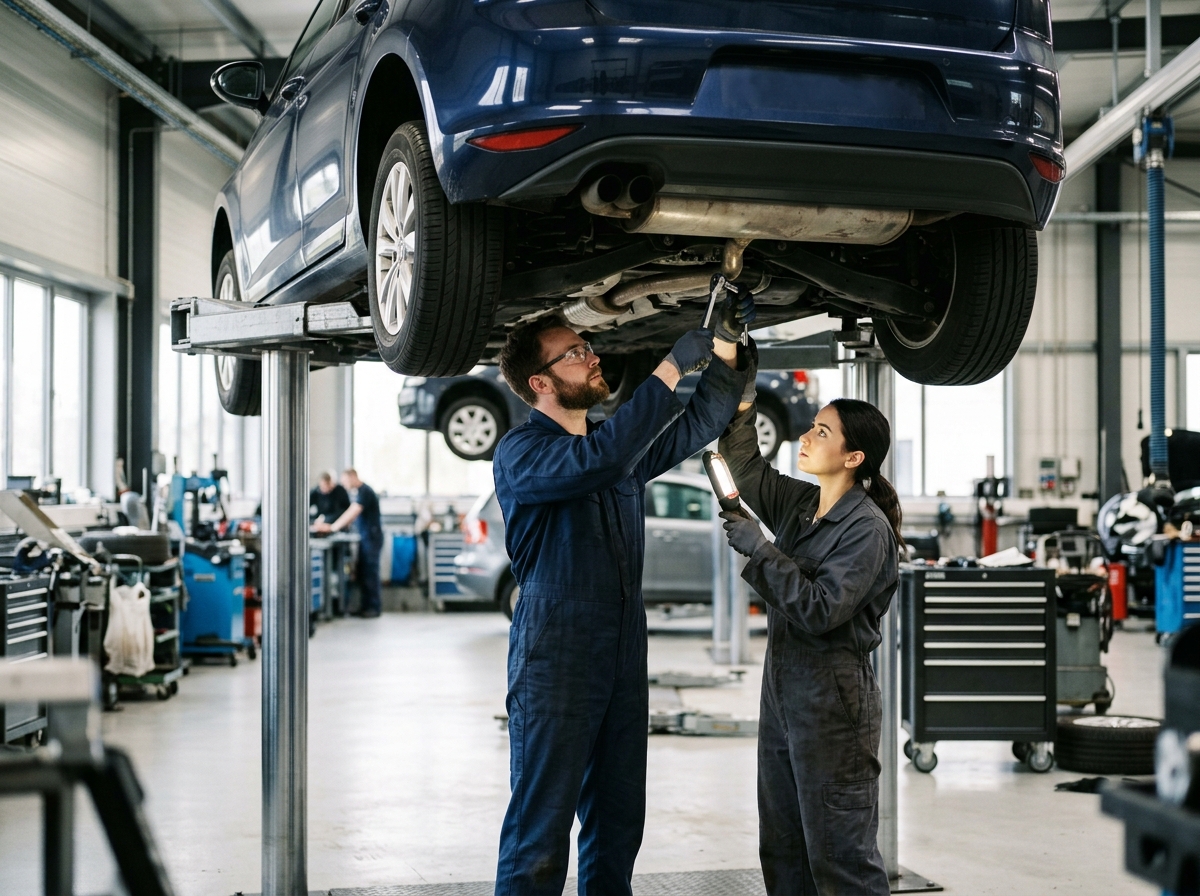 Mechanics working together on a car on a lift
