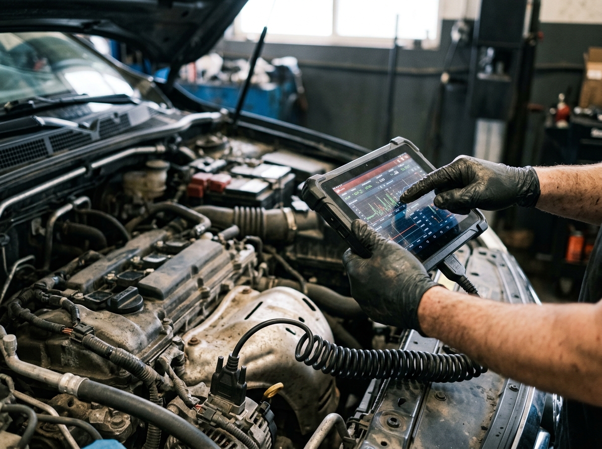 Technician using a diagnostic tablet on a car engine