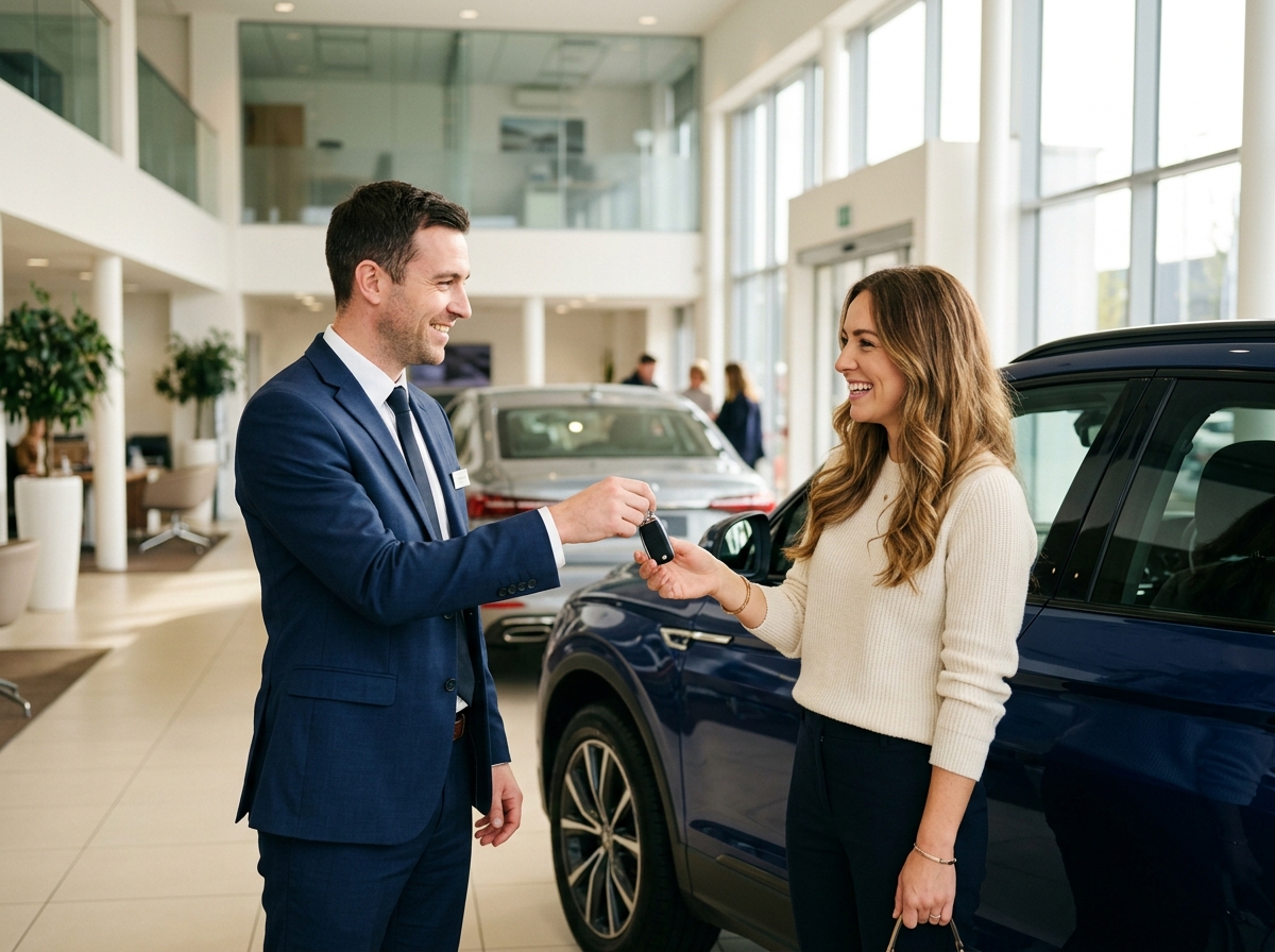 Salesperson handing car keys to a smiling customer