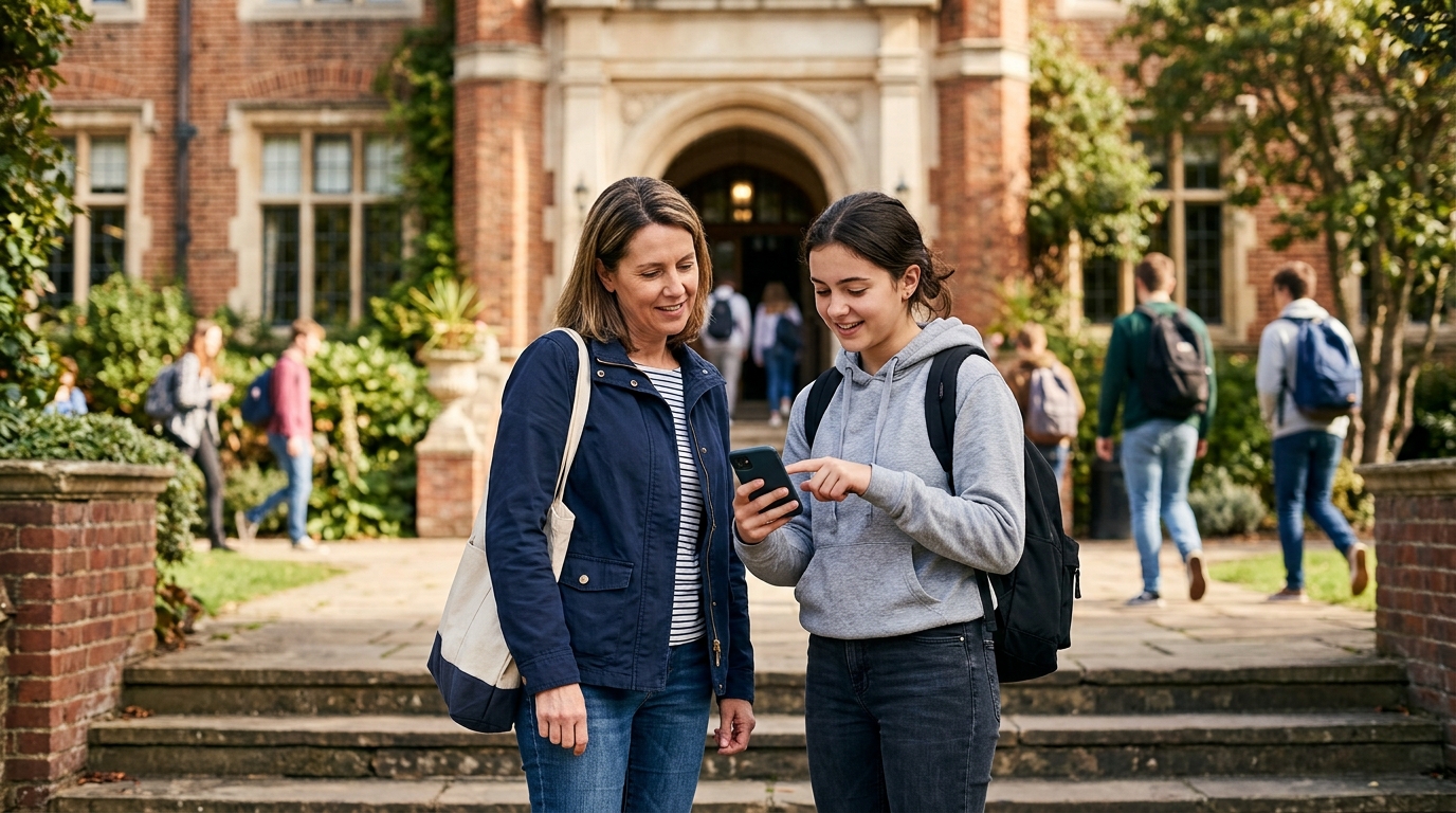 Parent and teenager reading course information on a phone outside a college