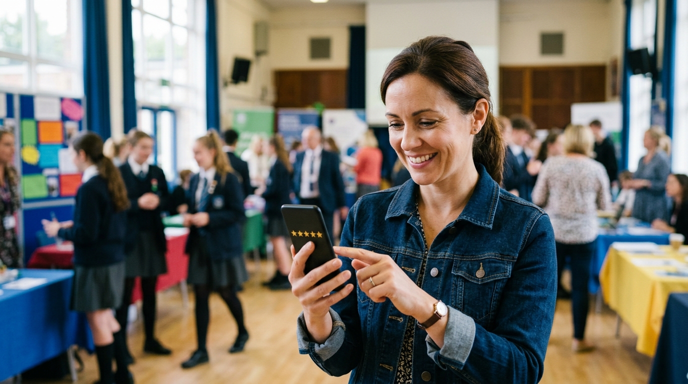 Parent leaving a review on her phone at a school open day