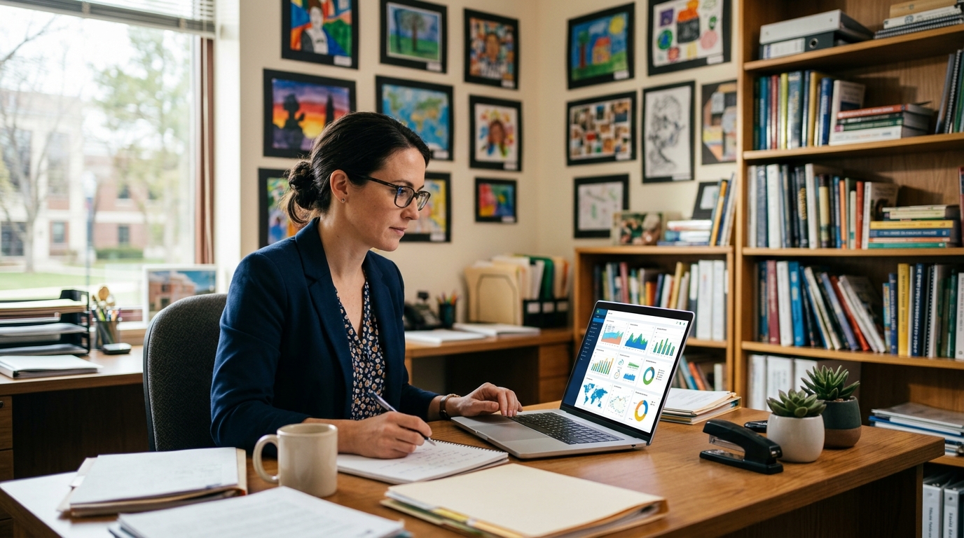 Admissions officer reviewing website analytics in a school office