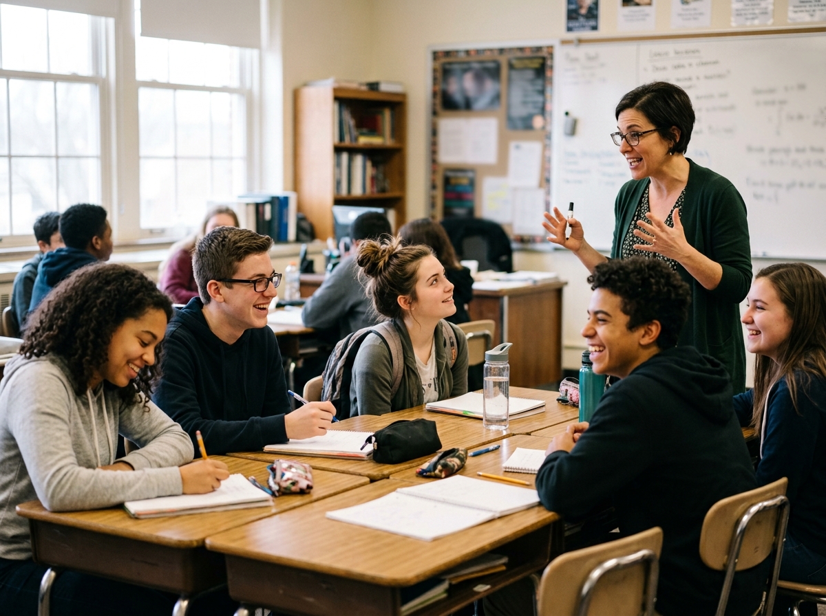 Students listening to a teacher during a lively lesson