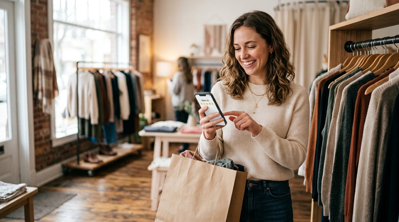 Customer with a shopping bag leaving a review in a boutique