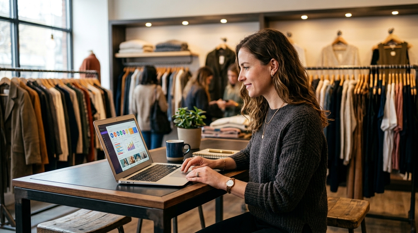 Boutique owner reviewing search performance on a laptop at the counter