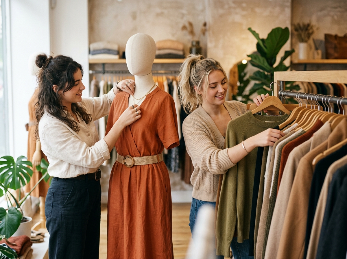 Boutique staff styling a mannequin