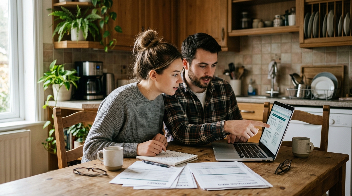 Couple searching for financial advice on a laptop at home