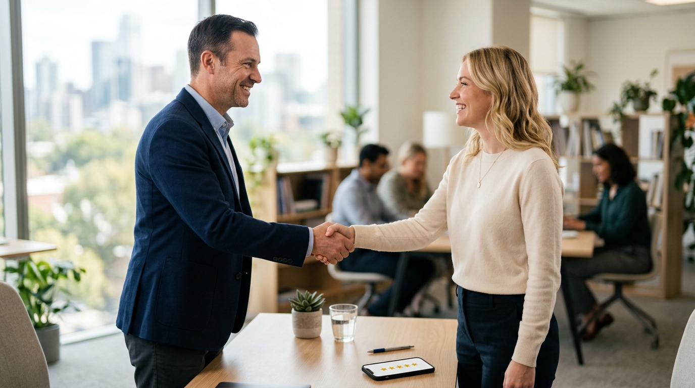 Client shaking hands with an adviser in a bright office