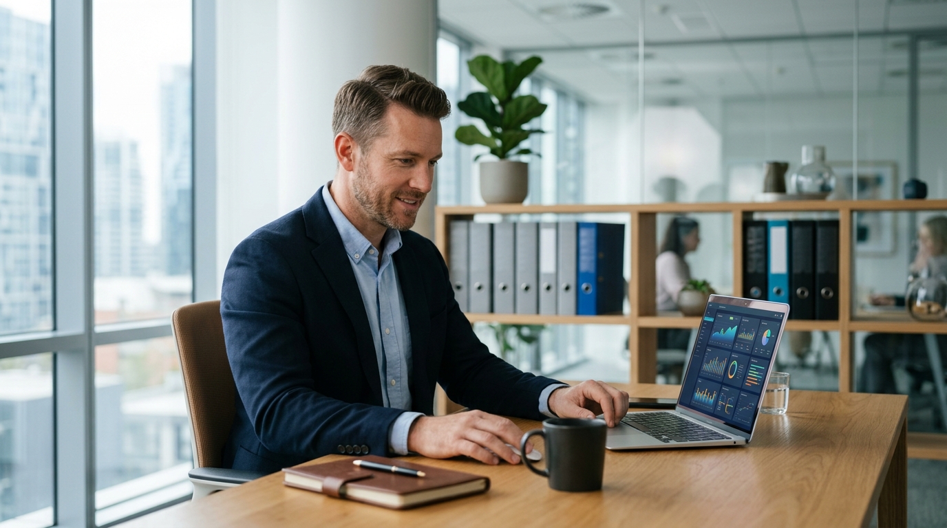 Financial adviser reviewing search performance on a laptop