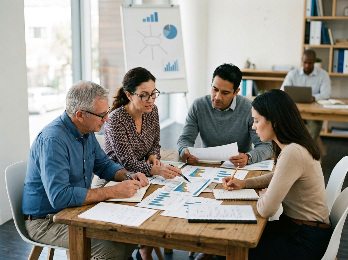 Advisory team reviewing charts in a meeting room