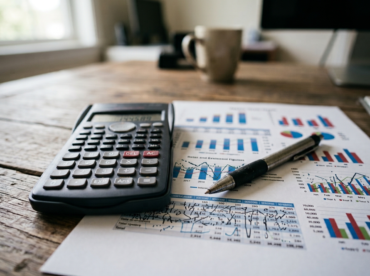 Calculator, pen and printed charts on a desk
