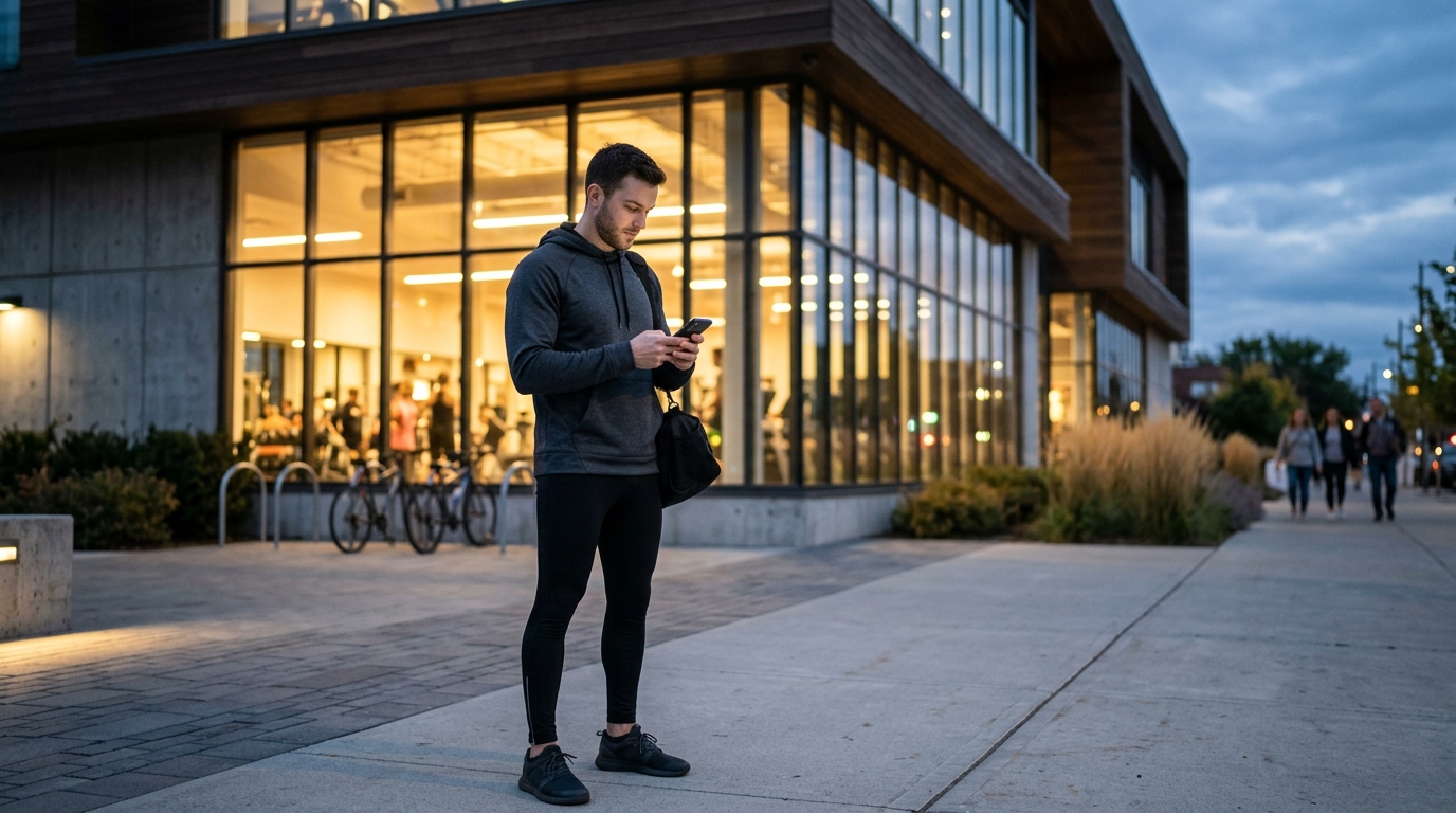 Woman searching for classes on her phone outside a gym