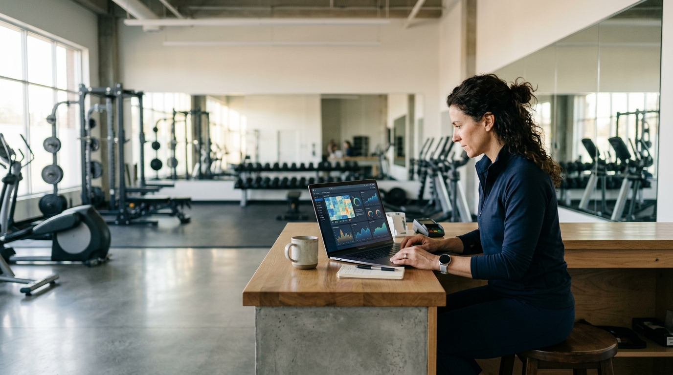 Gym owner reviewing search performance on a laptop at the front desk