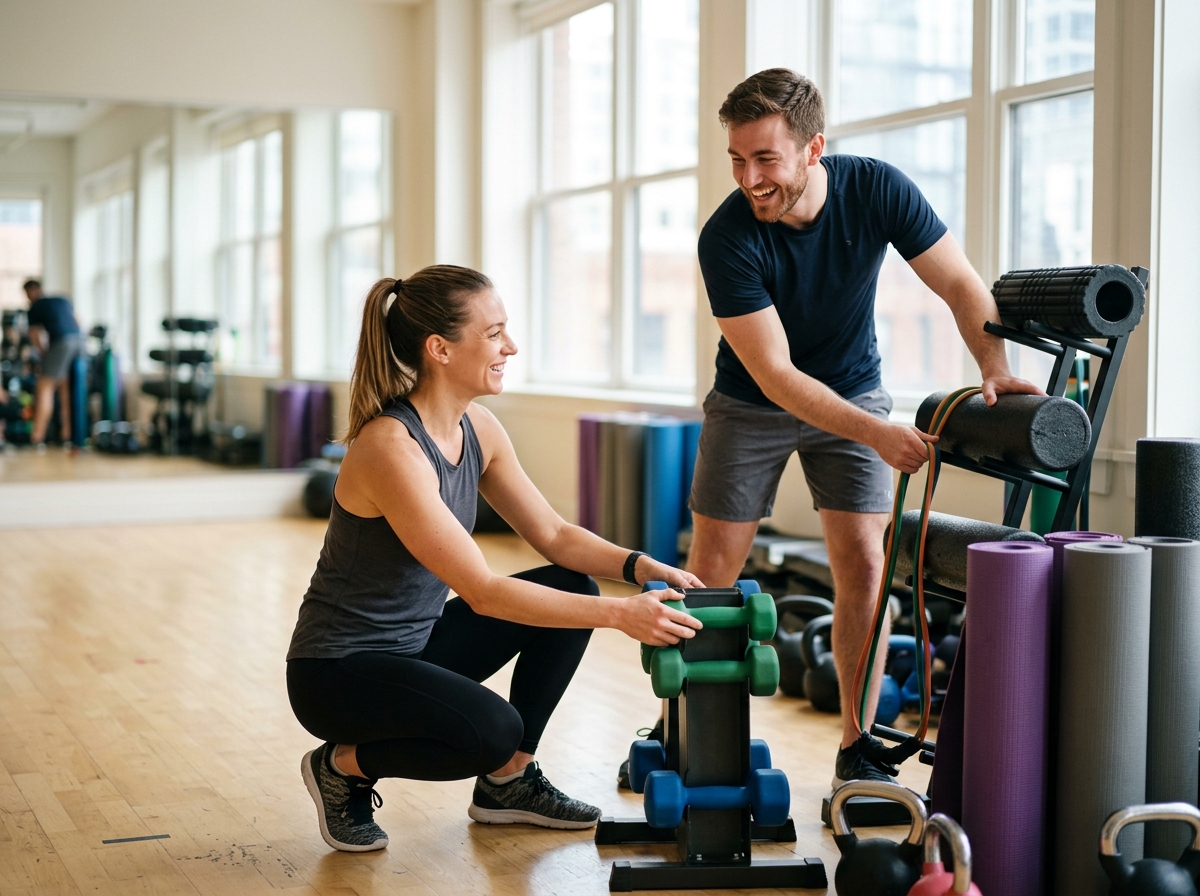 Trainers setting up for a group class