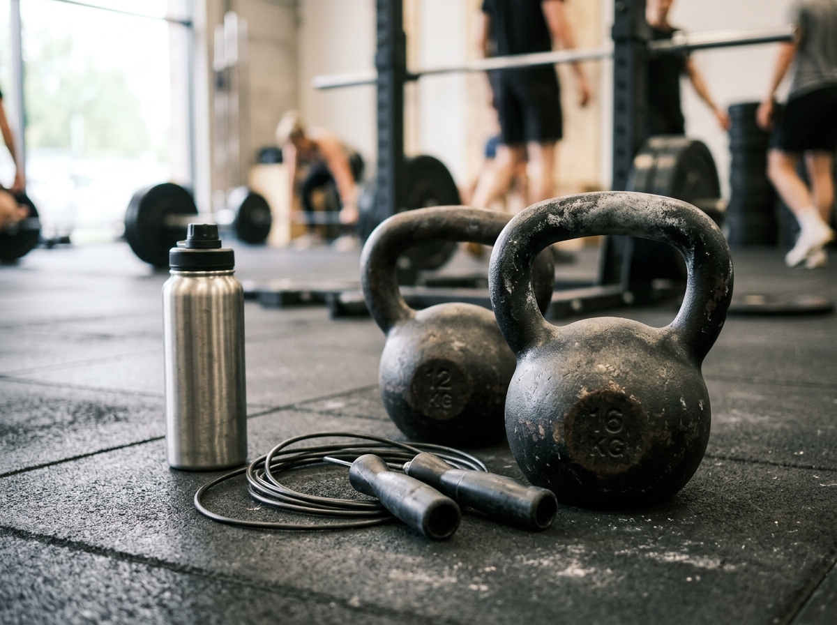 Kettlebells and a skipping rope on a gym floor