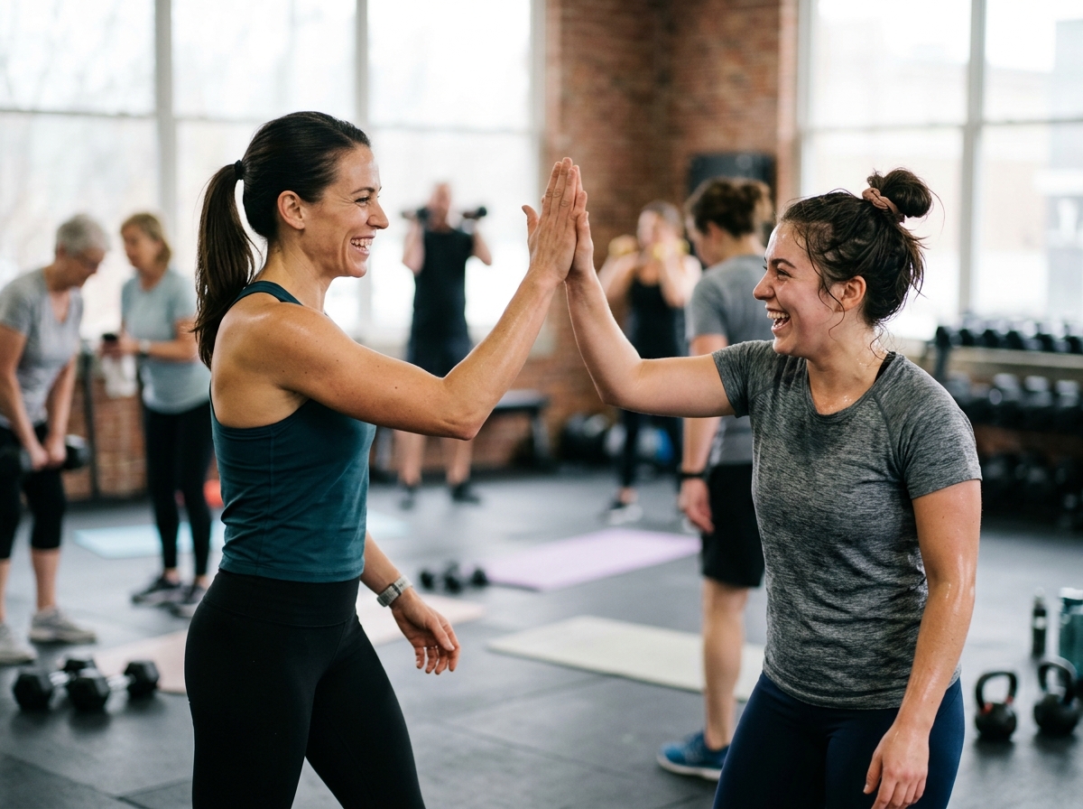 Trainer high-fiving a member during a workout