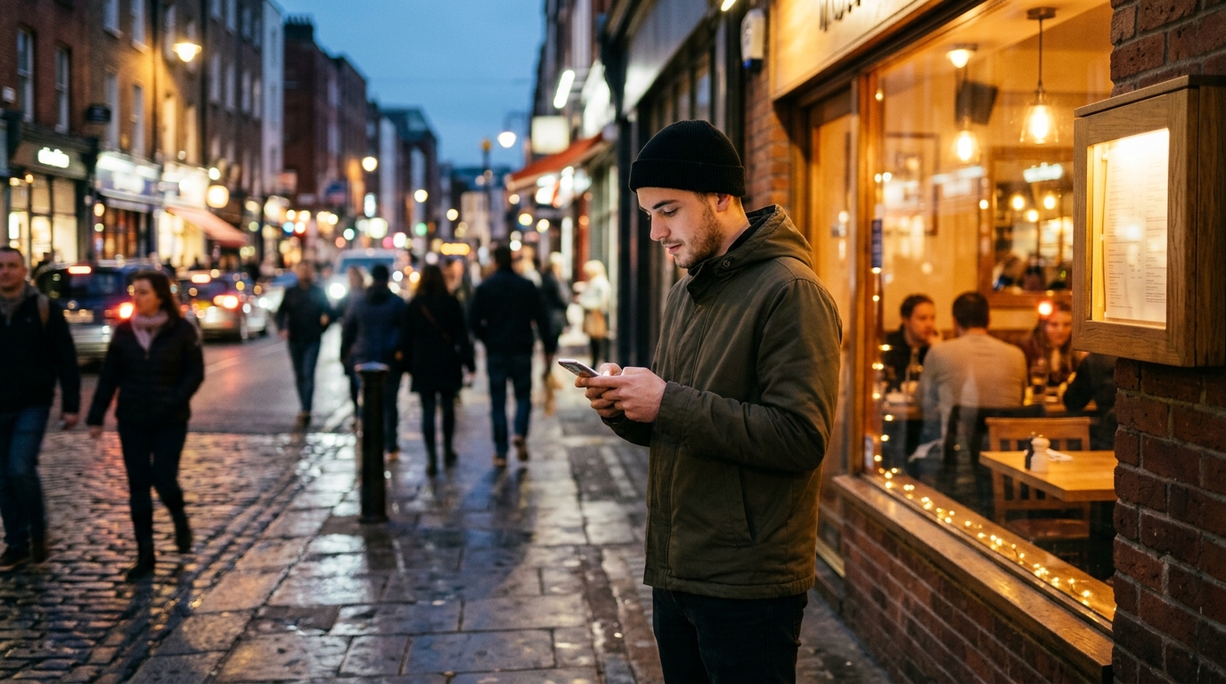 Man searching for somewhere to eat on his phone outside a restaurant