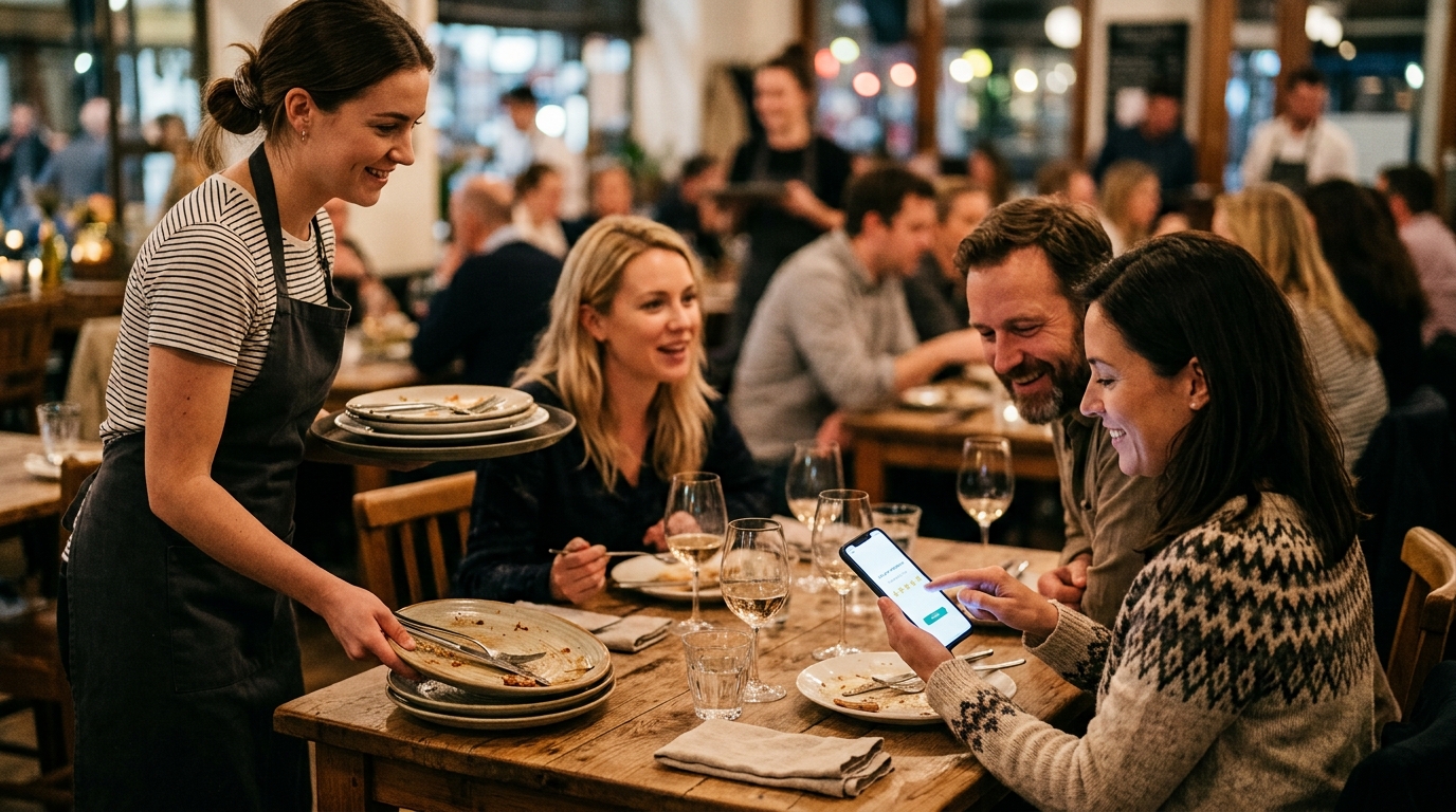 Diner leaving a review on her phone as a server clears plates