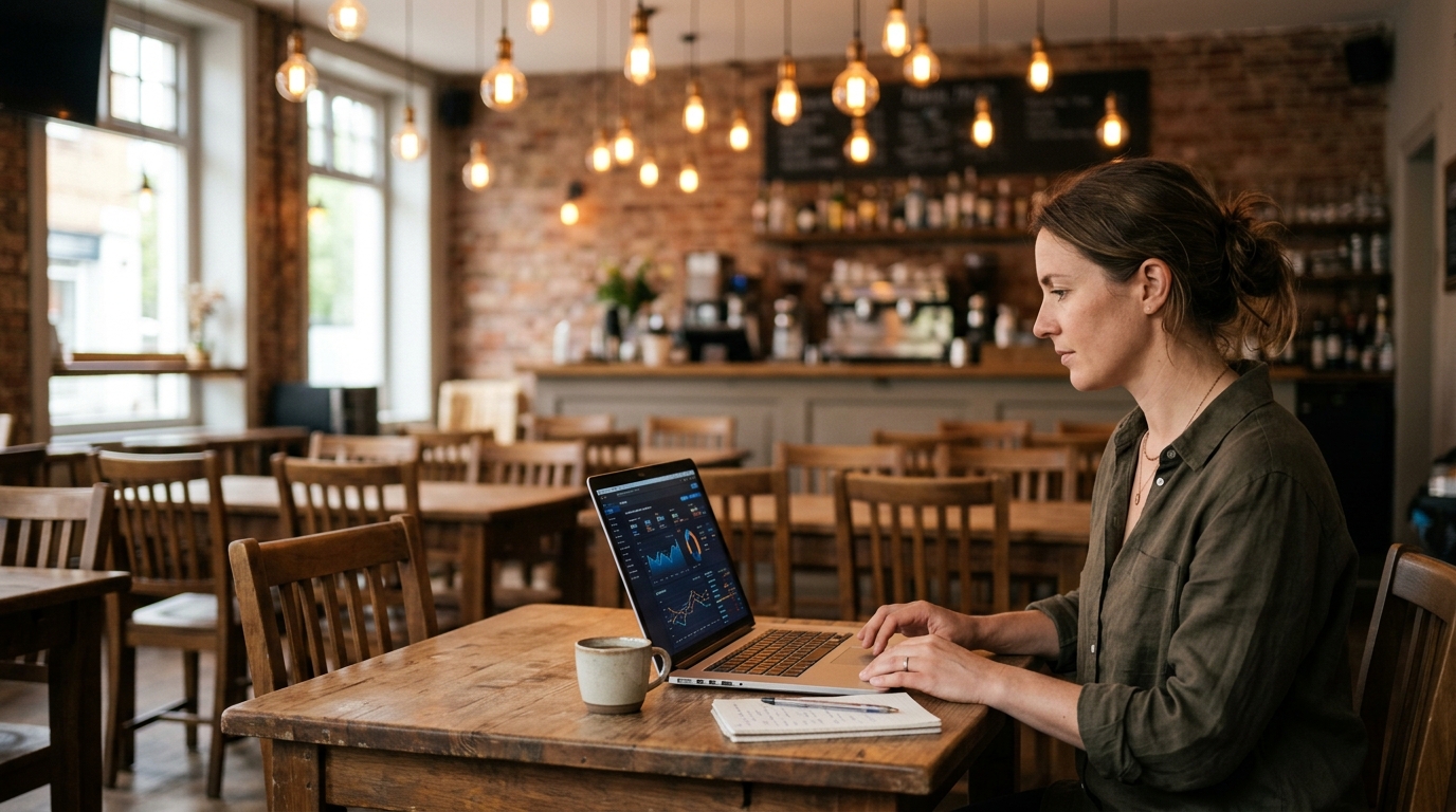 Café owner reviewing search performance on a laptop before service