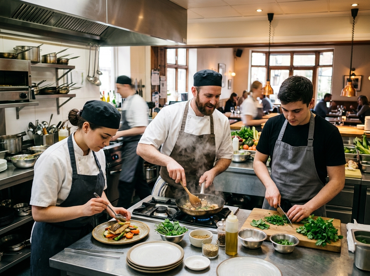 Kitchen staff preparing dishes in an open kitchen