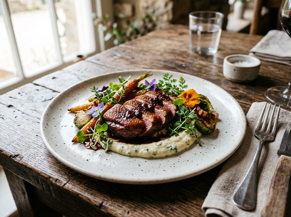 Plated dish on a rustic wooden table