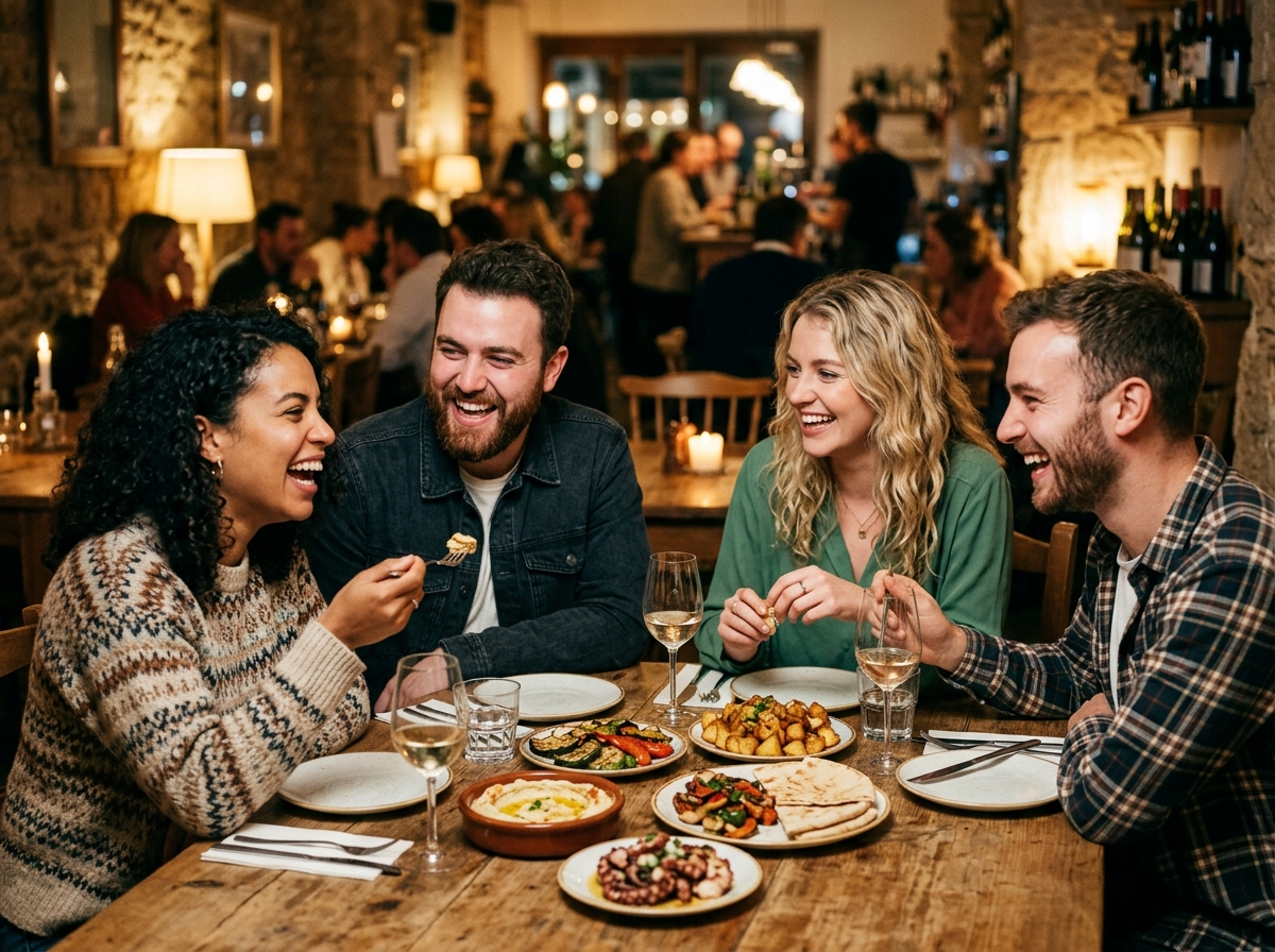 Friends sharing plates at a busy restaurant table