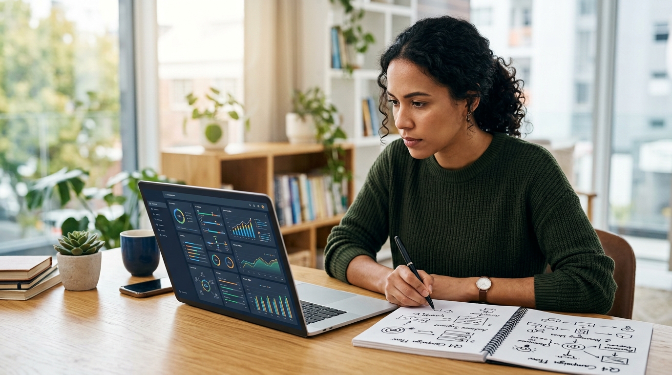 Marketer planning a campaign with AI-assisted insights on a laptop