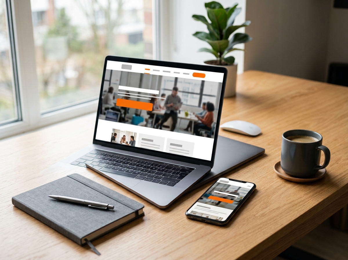 Business website shown on a laptop and phone on a desk