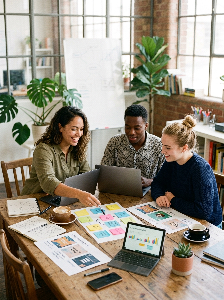 Marketing team planning a campaign around a table