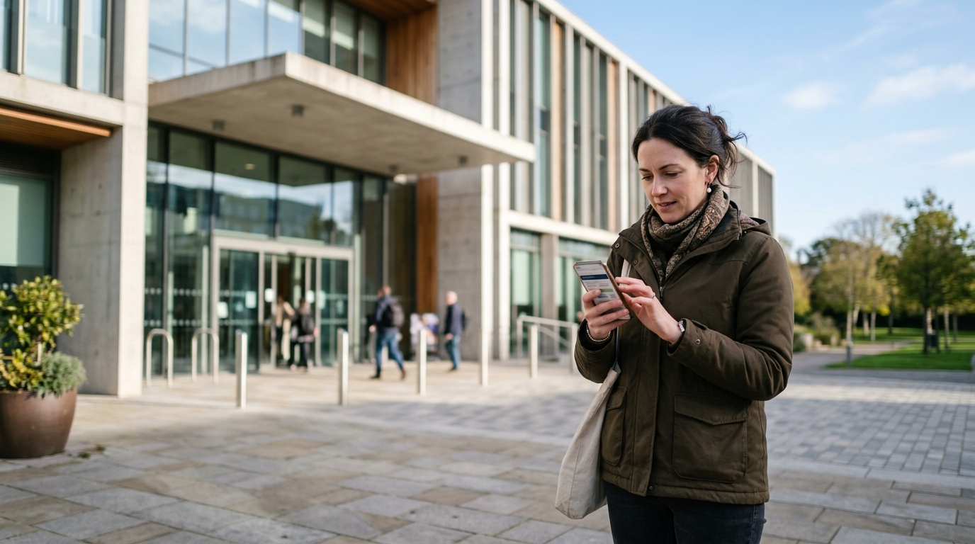 Resident checking a service page on her phone outside a civic building