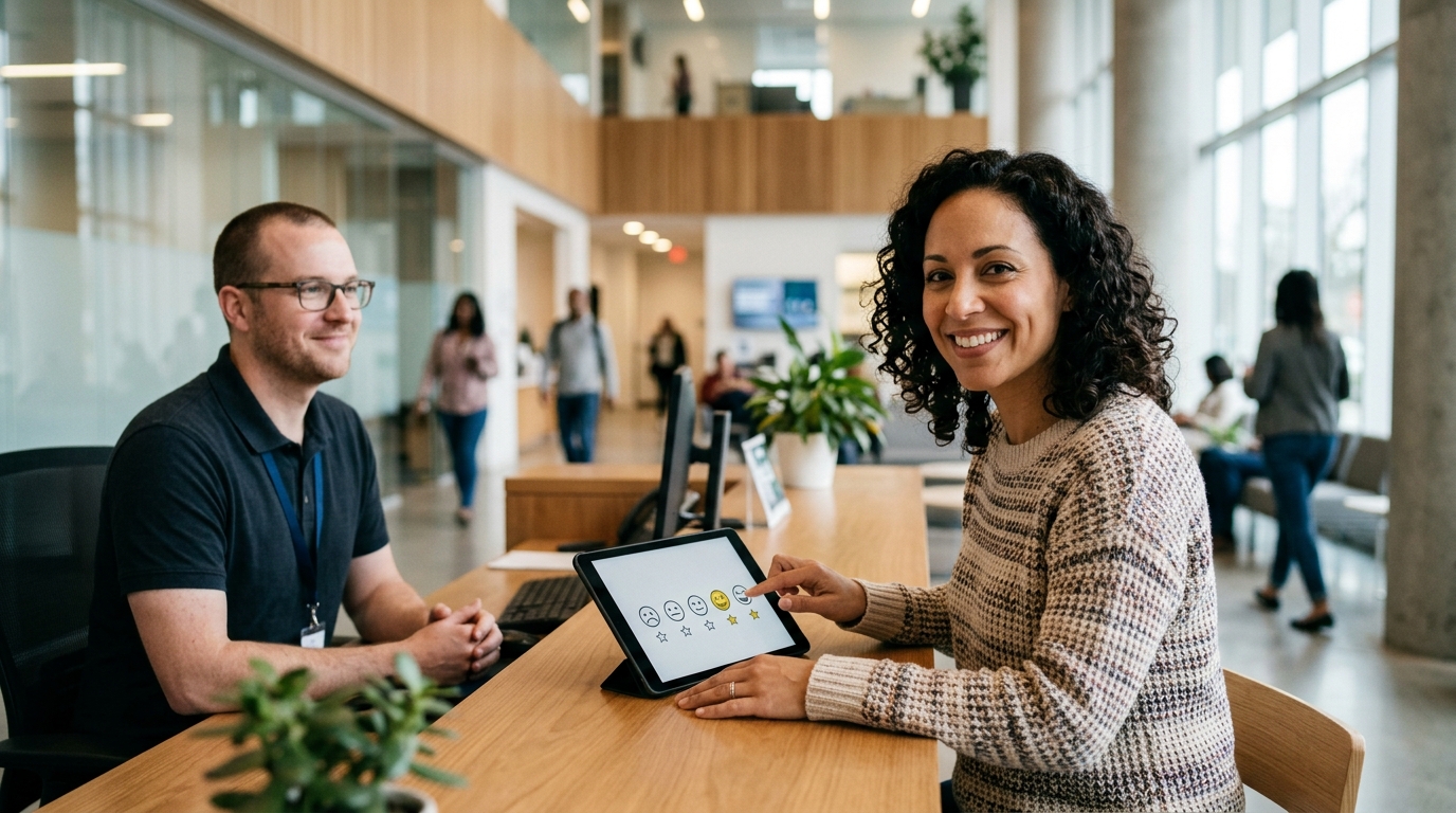 Resident giving feedback on a tablet at a public service counter