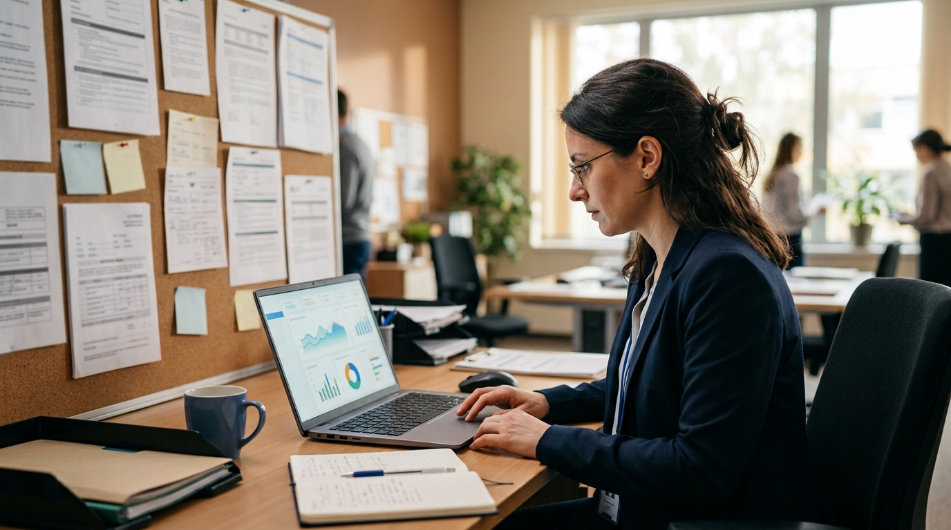 Public-service officer reviewing website analytics in a municipal office