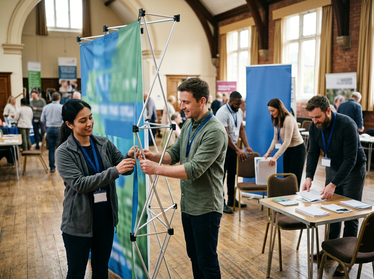Staff setting up information stands for a community event