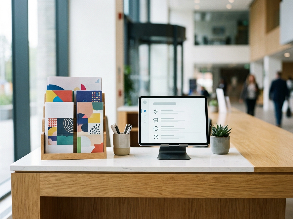 Information desk with leaflets and a tablet