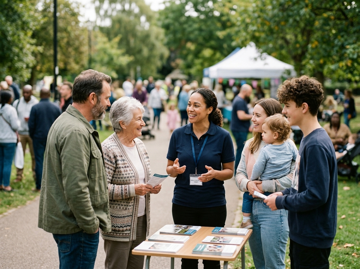 Residents talking with a public-service worker at an information event