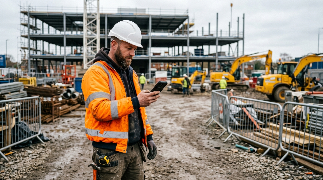 Contractor searching for equipment hire on his phone on site