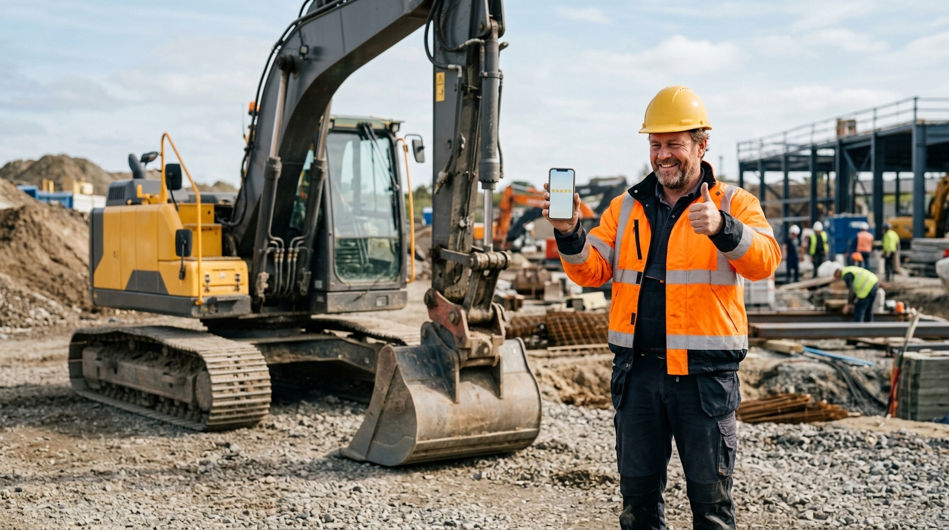 Site manager giving a thumbs-up beside a delivered excavator