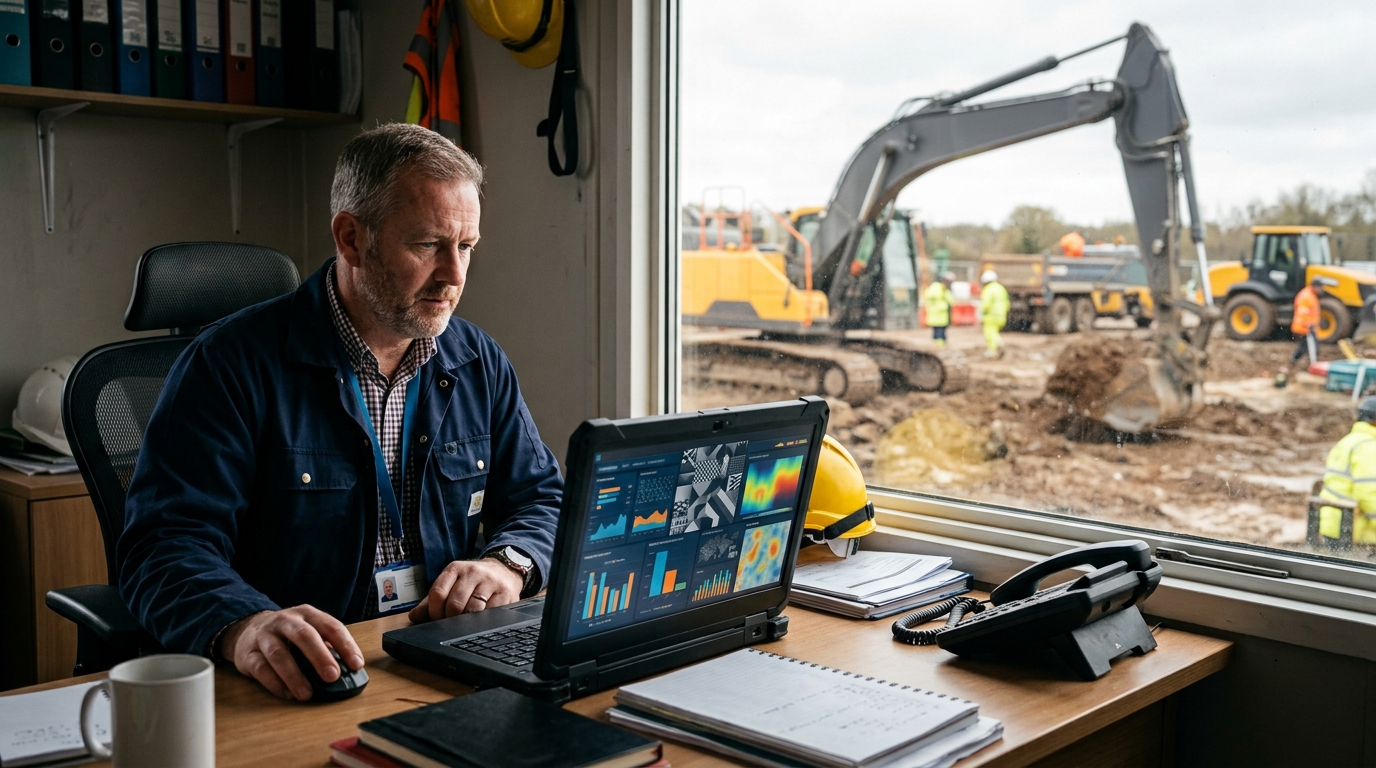 Plant-hire manager reviewing search performance in a site office