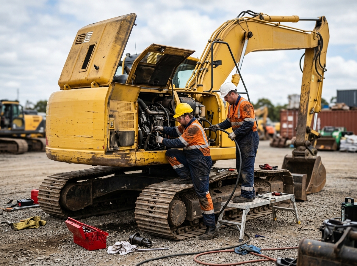 Technicians servicing an excavator in a yard